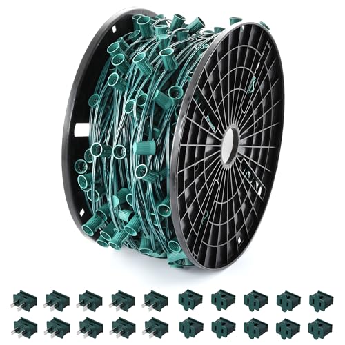 Ultimate Unicorn 500 FT C9 Light Socket Set Spool, Christmas Stringer Bulk Reel 12" Spacing, C9 Light Strand Green Wire, Christmas Stringer with E17 Sockets (10 Pairs of Plugs Included)