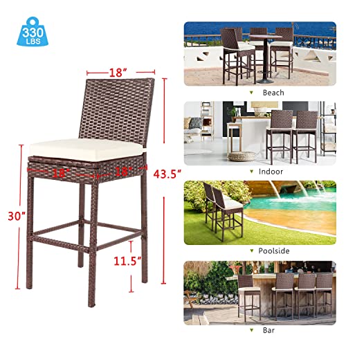 Outdoor Bar Stools Wicker Woven Patio Stools & Patio Bar Chairs Set of 2 Counter Bar Height Stools with Footrest Armless Cushion Beige All Weather Rattan Garden Stool for Pool Lawn Porch Backyard - Thumbnail 2