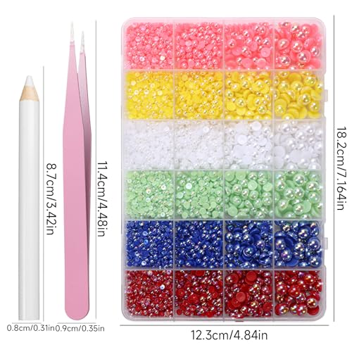 Image of 9000Pcs Flatback Pearls for Crafting, Red Blue Green Nail Half Pearls, 3-8mm Pink Yellow White Half Round ABS Flatback Pearl Beads Bedazzling for Nails DIY Shoes Clothes Bags