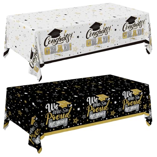 Gatherfun Graduation Decorations 2025-2 Pcs Black and Gold Gongrats Grad Tablecover for Graduation Party Decorations，Grad Plastic Table Covers 54