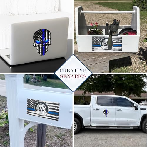Image of Reflective Decal with Back The Blue Line Lives Matter Flag Car Sticker for Truck, Thin American Skull Flag Code 4 Sticker for Window Bumper Police Law Enforcement (bear8)