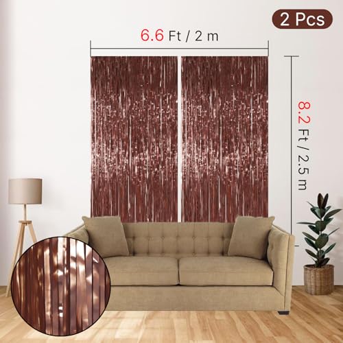 Image of PartyWoo Foil Curtain 2 pcs, 3.3x6.6 ft Metallic Brown Tinsel, Foil Fringe Curtains, Birthday Decorations, Party, Wedding Backdrop