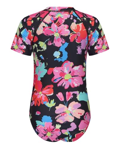 Image of Girls One Piece Swimsuits Short Sleeve Rash Guard for Girl Hawaiian Bathing Suit with Sun Protection Beachwear