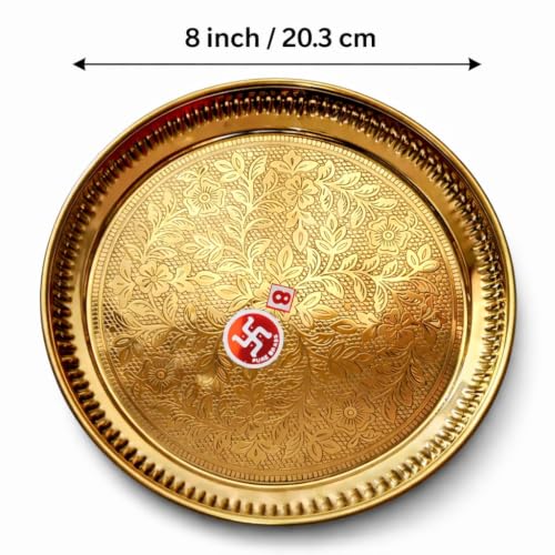 Image of Traditional Pure Brass Pooja Thali Set 7 Pieces with Diya, Bell, Kalash, Katori & Incense Holder | Handcrafted Brass Aarti Thali for Home Mandir, Temple, Diwali, Navratri & Gifts (10 Inch)