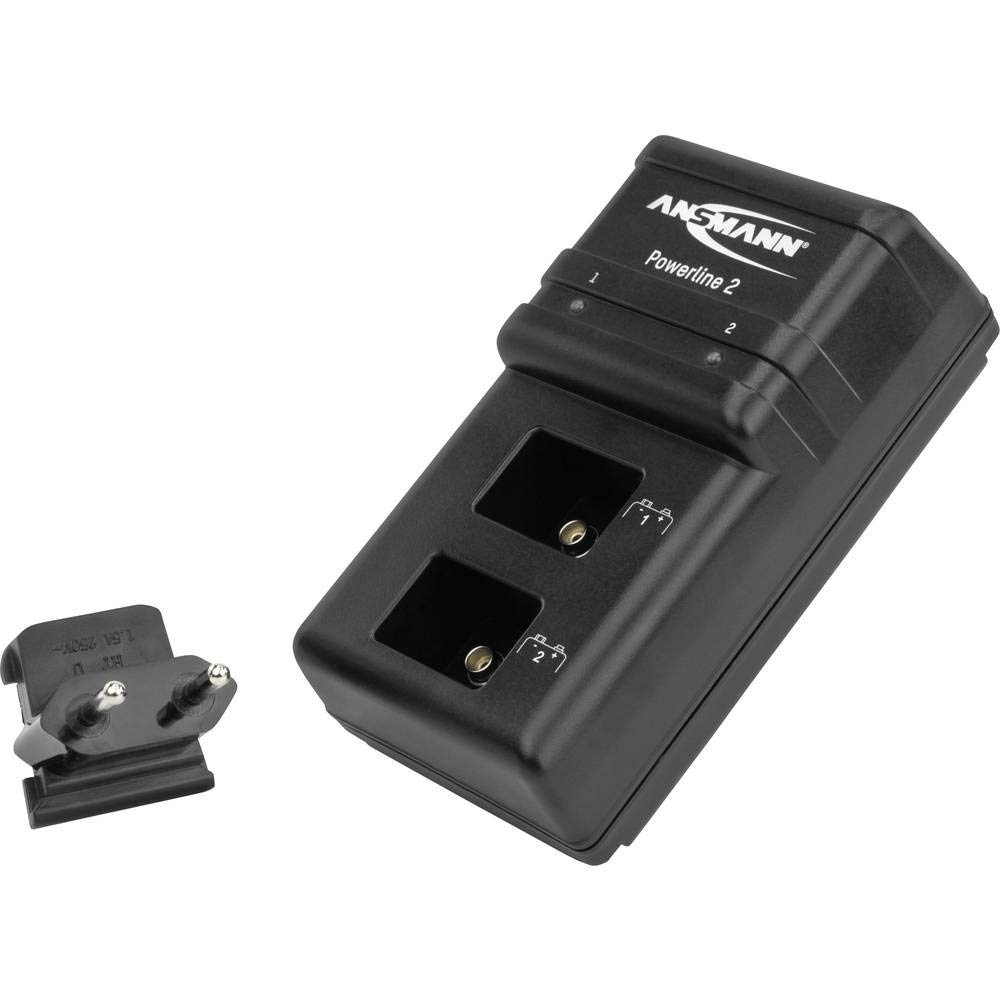 ANSMANN Chargeur de piles Powerline 2 (1 pce) – Chargeur pour 1 à 2 piles NiMH HR9V / bloc 9V – Appareil de recharge avec affichage LED, compatible avec les prises EU