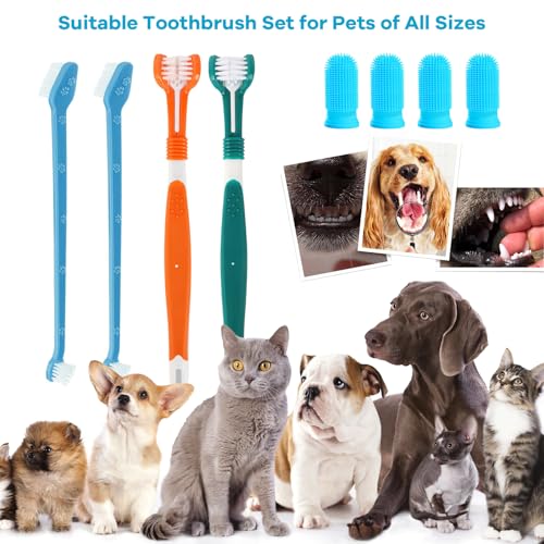 Vinuwu Hunde Zahnbürsten-Set, 2 Stück Dreifach Köpfe Hundezahnbürsten, 4 Finger Zahnbürste, 2 Doppelköpfige Zahnbürste, Multi-Winkel-Zahnreinigungsset für Kleine, Mittelgroße und Große Haustiere