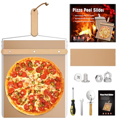 Rutschender Pizzaschieber aus Edelstahl und Holz, Antihaftbeschichteter Pizza Slider mit Massivholzgriff, 14,37 x 11,22 Pizzaschaufel, Pizzaschieber Set mit Zusätzlichen Schrauben und Ersatz-Teflon-