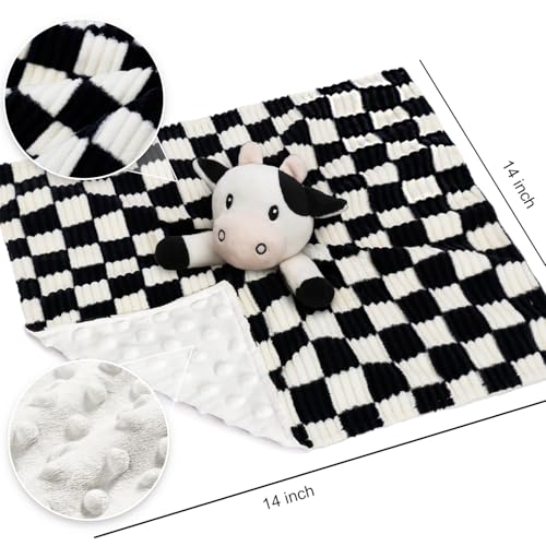 Image of Baby Security Blanket Lovey Cow Blanket for Boys Girls 14 Inch | High Contrast Super Soft 3D Checkerboard Gingham with Minky Dot Fabric Backing Snuggle Stuffed Animal Shower Gift Black