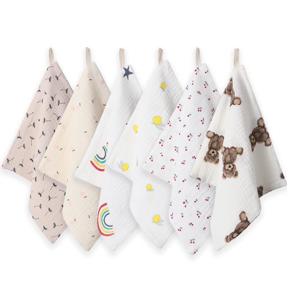 Norinori Baby Washcloths Muslin Cloths - Muslin Squares Hanky Soft Reusable Newborn Face Towels 6Pack 100% Cotton 10"X10" 6Layers Baby Wash Cloths for Boys Girls Great Shower Gift