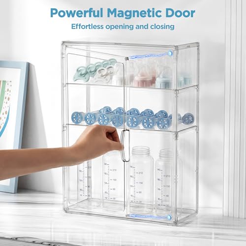 Image of HBlife Baby Bottle Storage Organizer Wall Mount, 3 Tiers Adjustable Clear Acrylic Bottles Storage Station Case Box Container with 2 Removable Dividers and Magnetic Door for Countertop Cabinet, Medium
