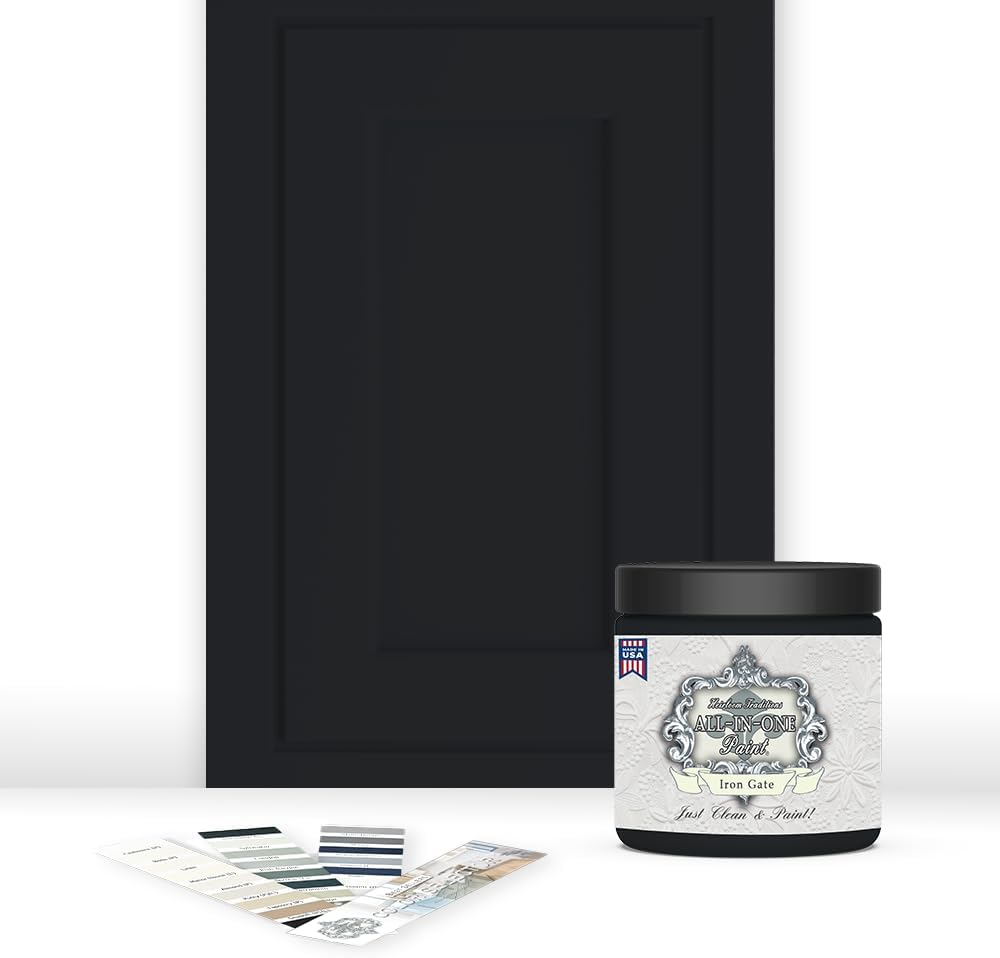 ALL-IN-ONE Paint by Heirloom Traditions, Iron Gate (Black), 8oz Sample - Durable cabinet and furniture paint. Built in primer and top coat, no sanding needed. Includes our 30 featured color card.