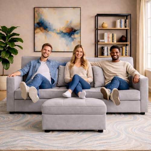 Image of Emilio 3 Seater with Ottomon Pull-Out Sofa Cum Bed (Blue Color) Premium Fabric Sofa Set for Living Room | Bedroom