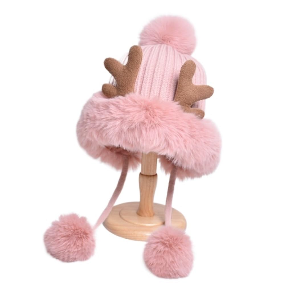 Chapeau d'hiver Bonnets pour Femmes, Chapeaux De Cerf Mignons avec Ficelle, Boule en Fourrure, Bonnets Tricotés Chauds Et Amples Chaud Chapeau(A)