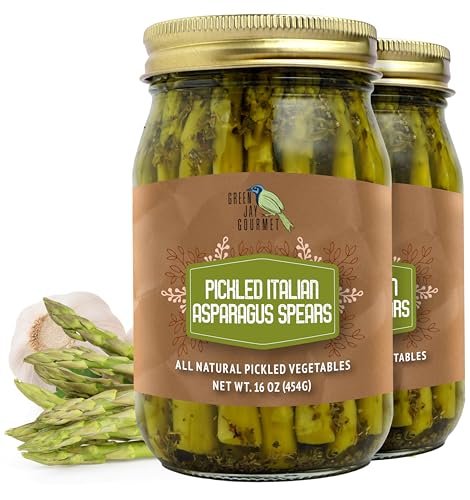 Green Jay Gourmet Pickled Italian Asparagus Spears in a Jar - Fresh Hand Jarred Vegetables for Cooking &amp; Pantry – Home Grown Pre-Prepared Pickled Italian Asparagus Spears – Simple Natural Ingredients - 2 x 16 Ounces