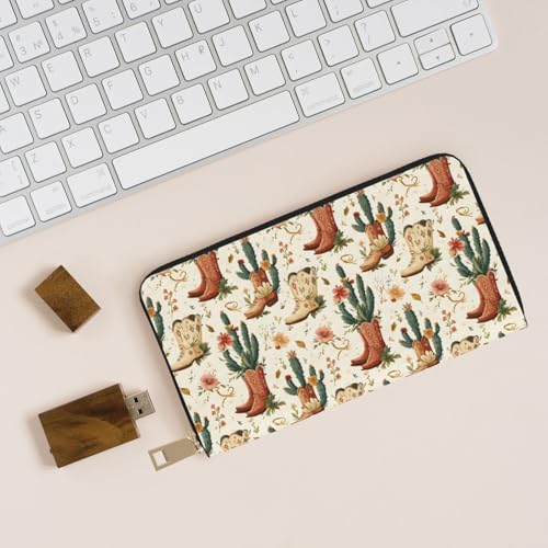Leather Thin Slim Wallets for Women Men - Fashion Cactus Cowboy Boots A Print Card Wallet Holder with Zipper4