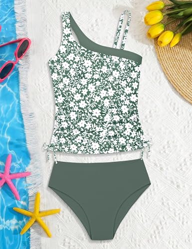 Image of AGAPENG Girls Swimsuit Two Piece One Shoulder Tankini Floral Print Drawstring Swimwear Set 7-14Y