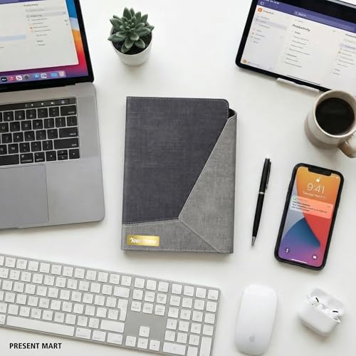 Image of FoldBook Mail Personalized Name Print A5 Notebook with Magnetic Flap Closure, Envelope Style 3-Fold Cover, 192 Pages Premium 80 GSM Paper, Bookmark Ribbon, Custom Journal Diary for Office School Gifts (DARK GREY)