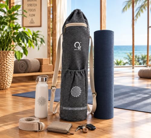 Image of O2 Yoga Mat Bag | Cotton Yoga Mat Carry Bag with Adjustable Double Straps | Yoga Mat Cover Bag for Women & Men | Fits 2mm-10mm Mats - Charcoal Mandala Block Print