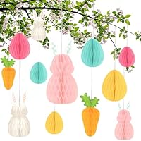 12 Stück Osterdeko zum Aufhängen, Ostereier zum Aufhängen Papier Osterhase Wiederverwendbare 3D Waben Hängend Dekoration Ostern Frühling für Innen Draußen Aussen Tür Wohnzimmer Deko