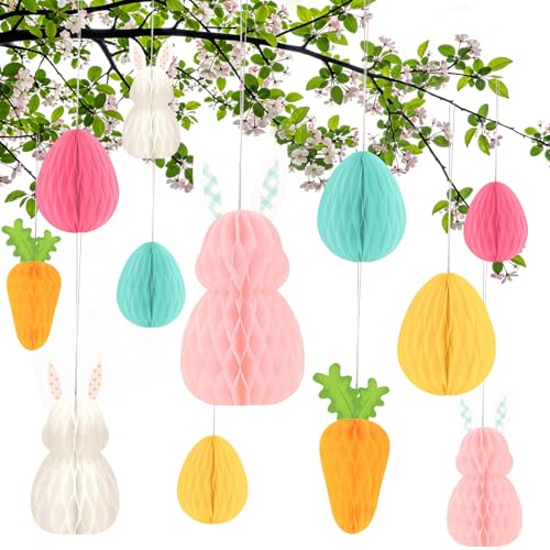 12 decorazioni pasquali da appendere, uova di Pasqua da appendere in carta, coniglietto pasquale, riutilizzabili, a nido d'ape 3D, decorazione pasquale, primavera, per interni, esterni, porte