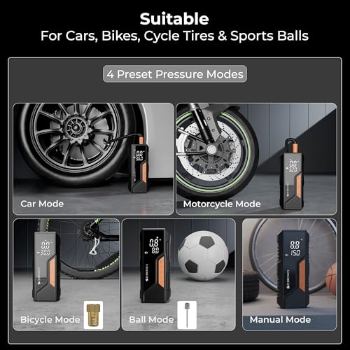 Image of Zebronics, Portable Tyre Inflator, Wired and Wireless, 150 PSI Turbo Inflation, Digital Display, 6000 mAh Rechargeable Battery, Type-C & 12V Support, Power Bank, SOS Light, Multi Nozzles (19TI6A)