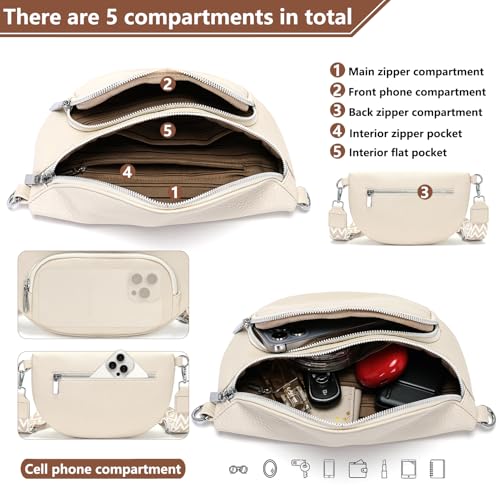 Rorimyth Bauchtasche Damen Beige Umhängetasche Damen Klein Veganes Leder Handtasche Crossbody Bag Gürteltasche Brusttasche Hüfttasche