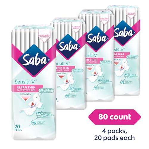 Image of Saba Sensiti-V Ultra Thin Regular Sanitary Napkin Pads with Wings, 4-Pack of 20 Pads (80 Count)