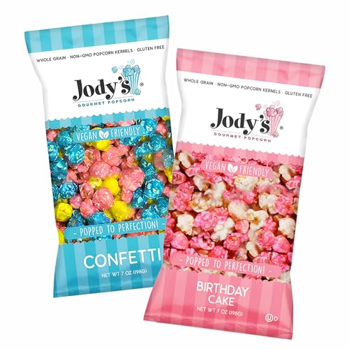 Jody’s Popcorn 2-Pack Bundle – Confetti & Birthday Cake Gourmet Flavors – Sweet Colorful Handcrafted Snack Treats – Non-GMO – 2 x 7oz Bags – Party Popcorn for Celebrations Gifting or Movie Nights