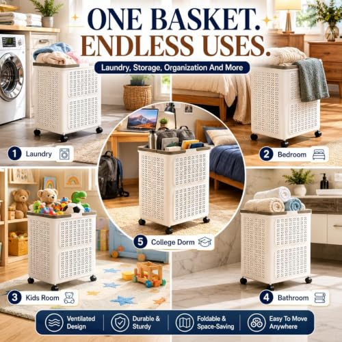 Image of TASMAX foldable laundry basket with wheels collapsible laundry basket plastic
