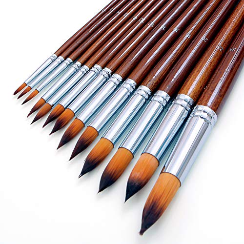 Artist Watercolor Paint Brushes Set 13Pcs - Round Pointed Tip Soft Anti-Shedding Nylon Hair Wood Long Handle - Detail Paint Brush For Watercolor, Acrylics, Ink, Gouache, Oil, Tempera, Paint By Numbers #TOP1