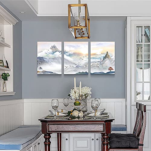 Image of Mountain Landscape Abstract Painting Canvas Wall Art For Living Room Bathroom Wall Decor For Bedroom Kitchen Artwork Canvas Prints 3 Pieces Modern Framed Office Home Decorations Watercolor Picture