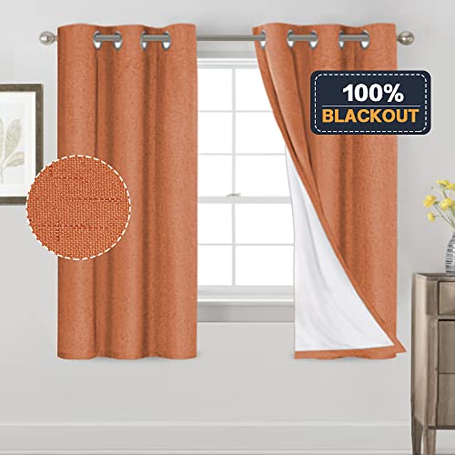 Image of PrinceDeco Linen Texture Curtains 100% Blackout Curtains 64 inch Long 2 Panels Set for Bedroom Living Room Energy Saving Window Treatment Curtain Drapes, Burlap Fabric with White Liner,Orange