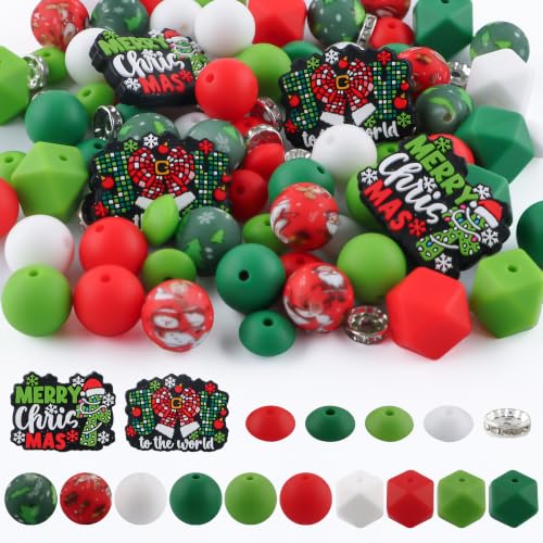 Kovict 82Pcs 12mm 14mm 15mm Silicone Beads for Keychain Making 10mm Rondelle Rhinestone Spacer Print Hexagon Round Red Green Christmas Silicone Focal Beads for Pens