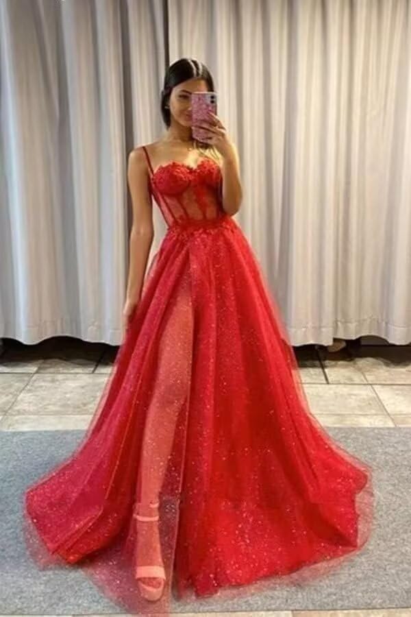 Glitter Tulle Prom Dresses Long for Women 2025 Spaghetti Straps Sweetheart Formal Evening Party Ball Gowns with Slit4