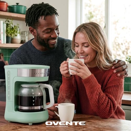 Image of OVENTE 12-Cup Drip Coffee Maker with Borosilicate Glass Carafe, One-Touch Operation Machine, Anti-Drip System, Reusable Filter and Clear View Water Gauge, Ideal for Home or Office, Light Teal CM412LBL