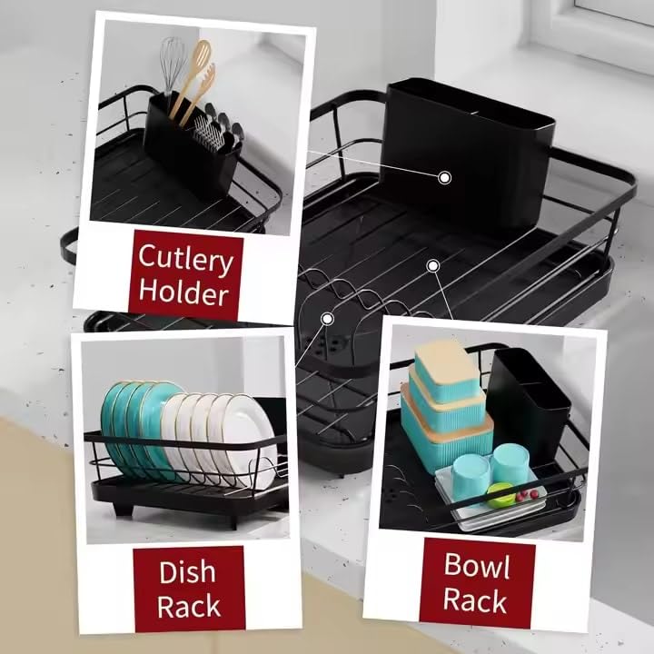 Image of ZROY Modern Black Dish Drying Rack with Draining Spout | Heavy-Duty Kitchen Countertop Dish Drainer with Utensil Holder (Black Rack)
