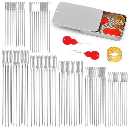 70 Stück Handnähnadeln, Nähnadeln mit Großem Öhr, Nähnadeln aus Edelstahl, Stopfnadel Nadeleinfädler und Fingerhut zum Nähen, Reparieren, Quilten und Basteln von Leder (7 Größen)