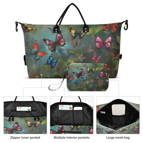 Large Travel Duffel Bag, Butterflies in Forest Sports Tote Gym Bag, Shoulder Weekender Overnight Bag for Women Men, Carry On Luggage with Toiletry Bags2