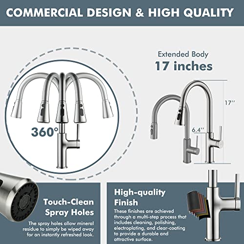 Lavatrum Kitchen Faucet With Pull Down Sprayer Brushed Nickel, 17 Inches Extended Body Single Handle High Arc Kitchen Sink Faucet With 3-Function Sprayer, Faucet For Kitchen Sink, Grifos De Cocina #TOP5