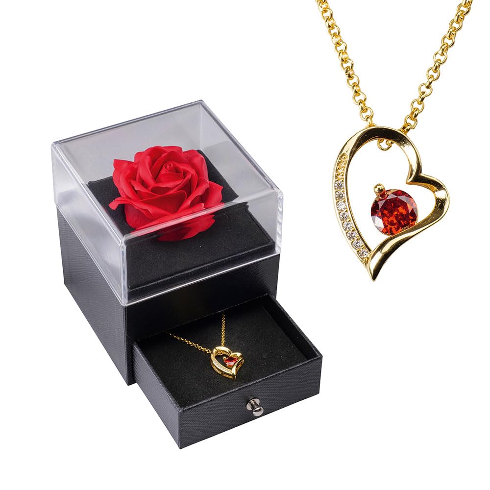 EUROtops Ewige Rose mit vergoldeter Halskette, rote Blume in Schatulle | Herz-Anhänger mit Zirkonia, 925er Sterlingsilber mit 750er Vergoldung, Geschenk zu Valentinstag, Muttertag, Weihnachten