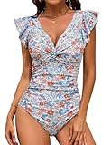 FemiChic Bañadores Mujer Reductores Vientre Plano Traje de Baño Una Pieza con Volantes Cuello en V Swimsuit con Fruncido para Piscinas de Playa (Estampado Floral,L)