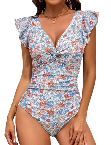 FemiChic Maillots Une Pièce Femme Gainant Ventre Plat Maillot de Bain 1 Pieces à Manches Volantée Col en V Swimsuit Push Up Elégant Swimwear Été(Motif Floral,XL)
