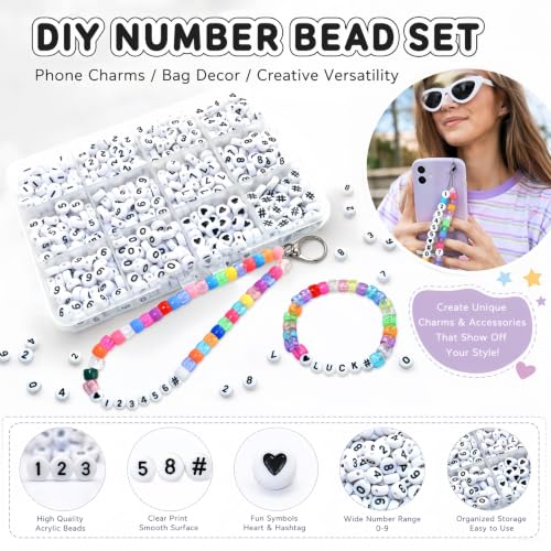 Image of Amaney 600pcs White Acrylic Number Beads 0-9 Symbol # Heart with Storage Box 7x4mm