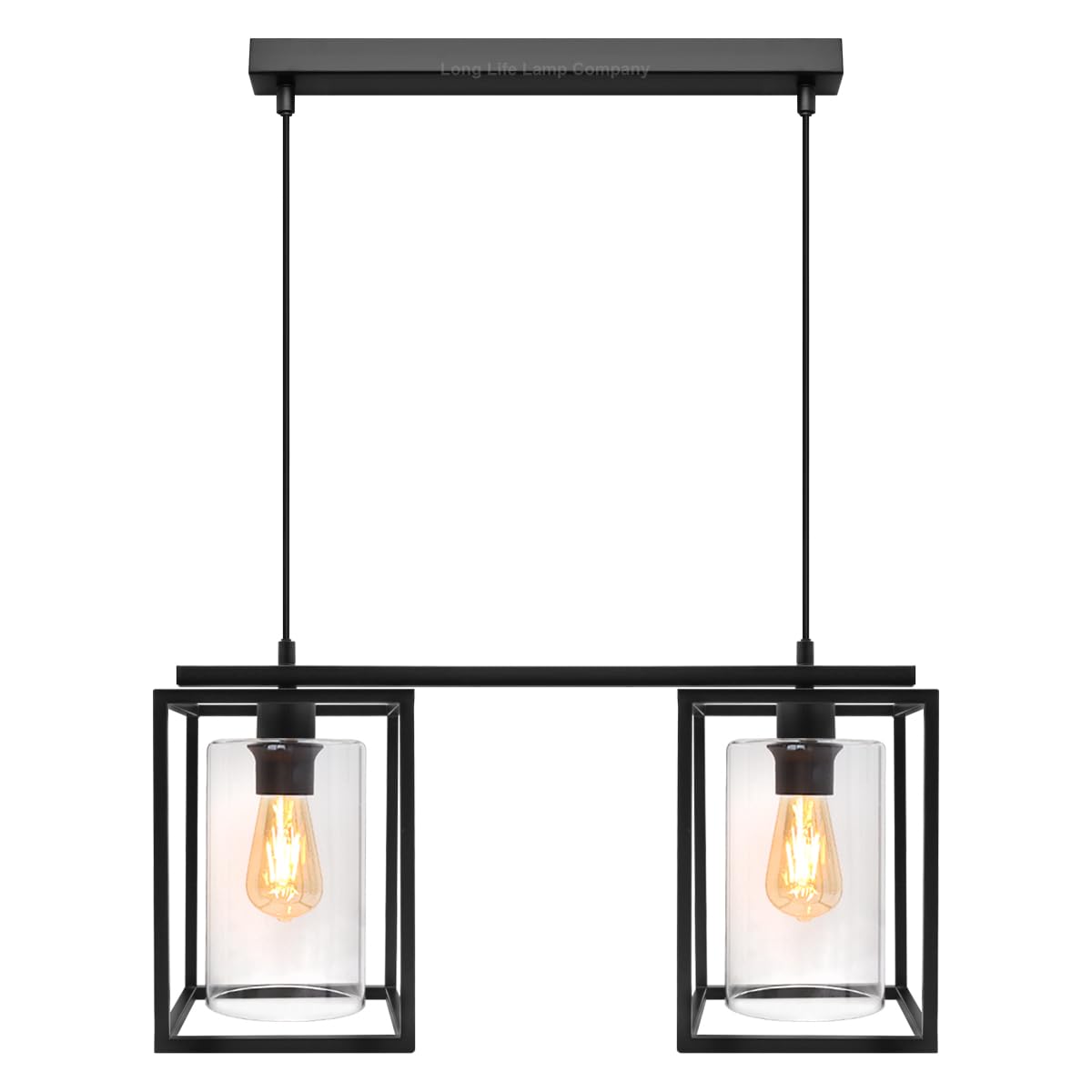 Rectangular Lantern Pendant Light Black Frame Clear Glass Cylindrical Ceiling Lamp Shade Modern 2 Light Pendant H3052