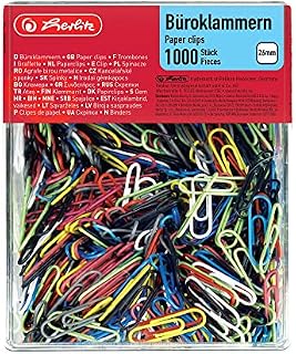 Herlitz 8760811 spinacze biurowe 26 mm, metal pokryty tworzywem sztucznym, 100 sztuk w pudełku wiszącym, posortowane pod względem koloru