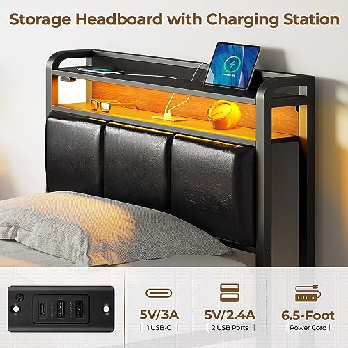 image for Rolanstar Bed Frame Twin Size with Charging Station and LED Lights, PU