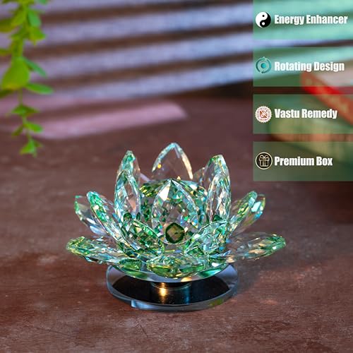 Image of FengShui Crystal Lotus Flower Showpiece & Paper Weight | Vastu Decor for Home & Office | Desk Decoration | Fengshui Items for Positive Energy, Wealth & Gifting |Green (Medium-10.5 x 5.5 CM)