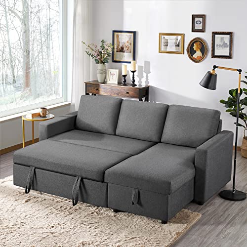 Yaheetech Sectional Sofa L-Shaped Sofa Couch Bed W/Chaise, Reversible Couch Sleeper W/Pull Out Bed & Storage Space, 4-Seat Fabric Convertible Sofa, Pull Out Couch, Suitable For Living Room Dark Gray #TOP3