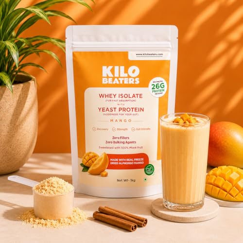 Image of KiloBeaters Whey Protein Isolate Powder with Yeast Protein 1KG Pack | Real Alphonso Mango | 26g Protein Per Scoop | High Protein Supplement for Muscle Recovery & Lean Muscle Support | Gut-Friendly | Zero Fillers | Monk Fruit Sweetened