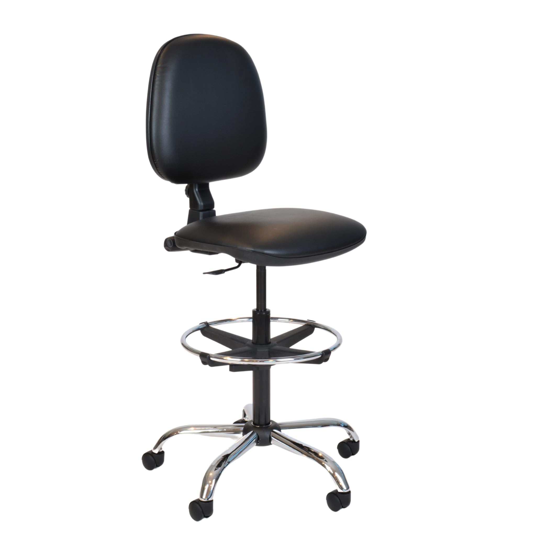 Topsit IND010201 - Sedia da lavoro girevole, imbottita e rivestita in ecopelle, regolabile in altezza e facile da pulire, anello poggiapiedi cromato, struttura cromata e ruote stabili